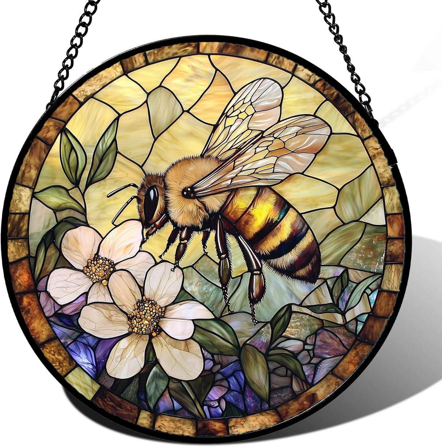 Stained Glass Window Hanging, Vintage Bee Yellow Flower Sun Catcher for Window Door Home Decor Suncatcher Christmas Mother's Day Birthday Gifts for Women Men Mom and Nana 7.8 in