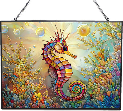 Personalized Rectangle Rainbow Seahorse Suncatcher Stained Glass Stained Glass Window Hanging Home Decor Garden Halloween Christmas Wedding Housewarming Gifts