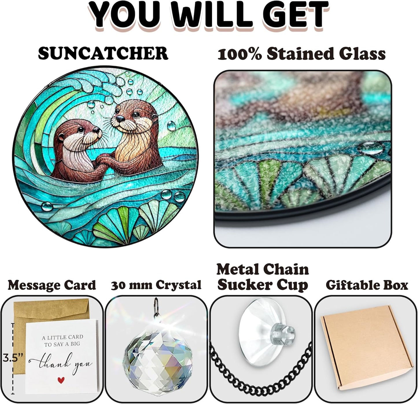 7.8" Otter Couple Stained Glass, Otter Lover Gift Suncatcher, Gifts for Couple Him Her Girlfriend Wife Husband, Valentine's Day Birthday, Window Hanging Home Decor ANI-10A-SG8