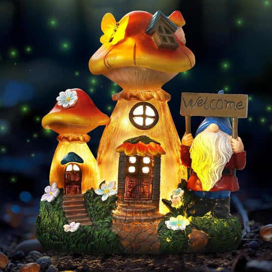 Json Solar Garden Statue Lights Mushroom Fairy House Figurine, Outdoor Memorial Garden Ornaments