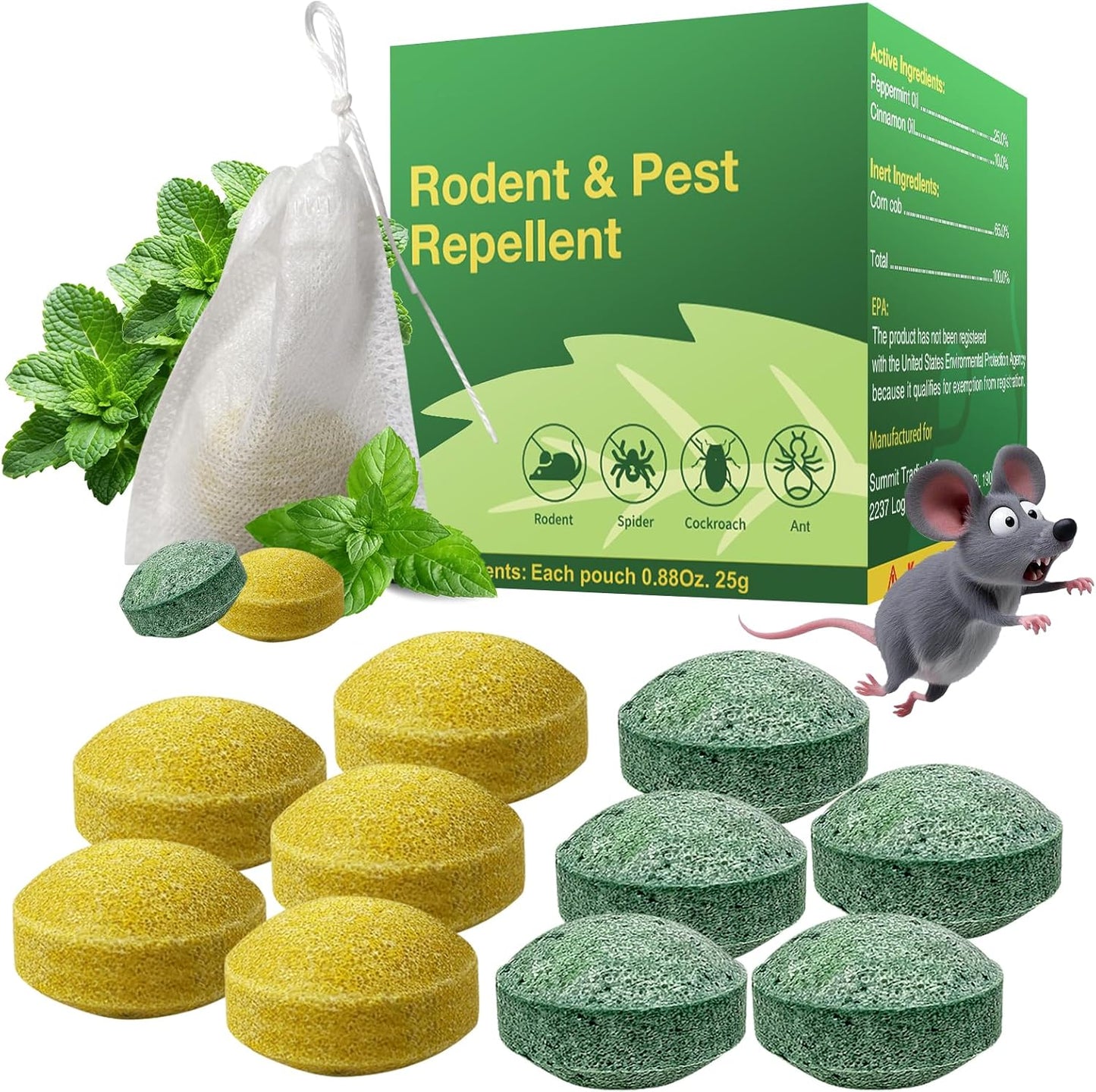 Rodent Repellent with Peppermint Oil, Mouse/Mice/Rat/Squirrel Deterrent for Car Engines, Garage, Attic – Indoor Outdoor Use – Alternative to Mouse Trap & Moth Balls.