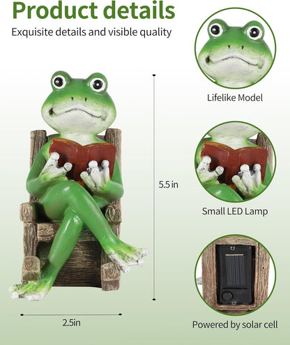 iStatue Miniature Solar Frog Reading Book Figurine Light - 5.5'' Resin Chair Statue Outdoor Table Decor for Lawn Ornaments, Patio, Yard & Garden and Home
