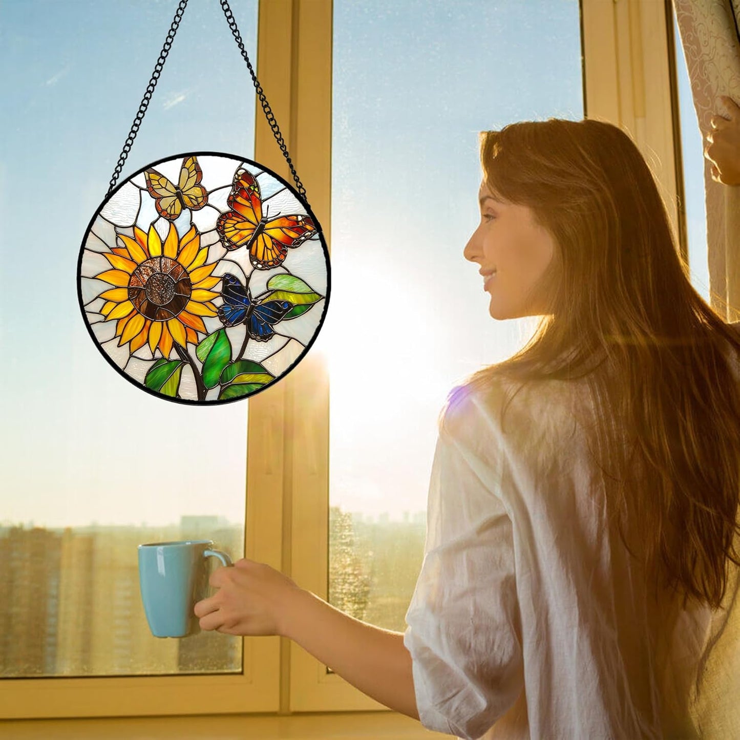 Stained Glass Window Hanging, Butterfly and Sunflowers Sun Catchers Glass Panel Plant Insects Suncatcher Decor for Birthday for Women, Men, Wife, Aunt, and Mom 7.8 in