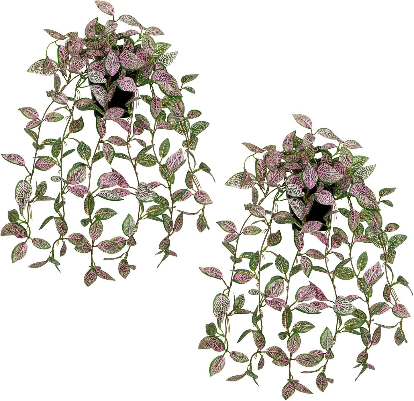 2 Pack Fake Hanging Plants for Shelf in Back Pot, Small Artificial Hanging Ivy Vine Plants Indoor Fake Potted Greenery Plant for Room Bathroom Kitchen Wall End Table Mimi Faux Nerve Plant Set Decor