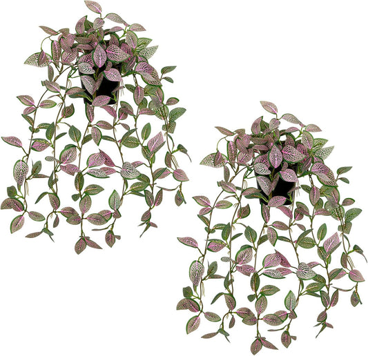 2 Pack Fake Hanging Plants for Shelf in Back Pot, Small Artificial Hanging Ivy Vine Plants Indoor Fake Potted Greenery Plant for Room Bathroom Kitchen Wall End Table Mimi Faux Nerve Plant Set Decor