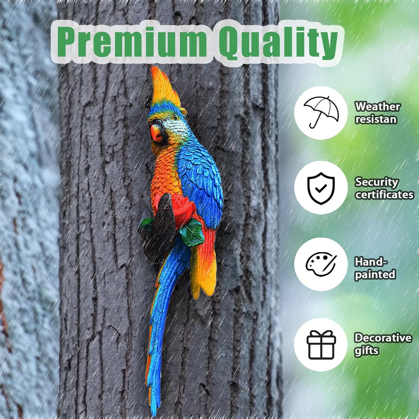 Teaeeno Resin Wall Bird Statue Decor,Real Parrot Sculpture Home Decor,Outdoor Indoor Figurine Ornaments-Garden Tree Sculpture,Resin Animal Statue for Garden, Terrace, Lawn, Yard