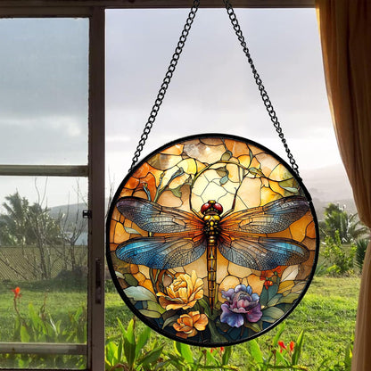Stained Glass Window Hanging - Orange Blue Dragonfly Flower Suncatcher for Doors Window Home Sun Catchers Decor Christmas Mother's Day Birthday Outdoor Gifts for Women Men Mom Nana 11.8 in