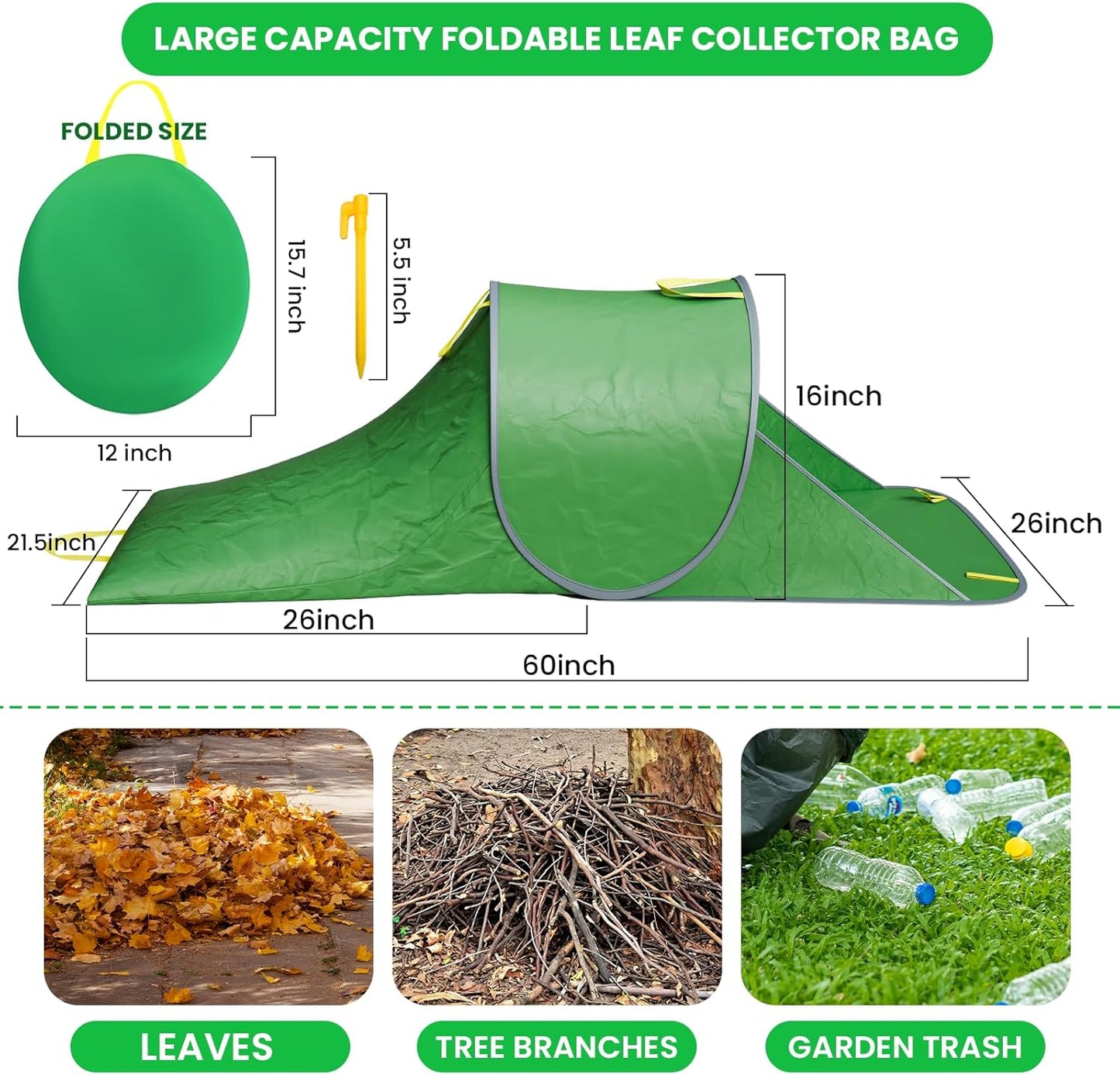 Leaf Collector, Foldable Lawn and Leaf Bags for Leaf Collection, Reusable Leaf Collector Bag for Leaves, Grass and Lawn Trash