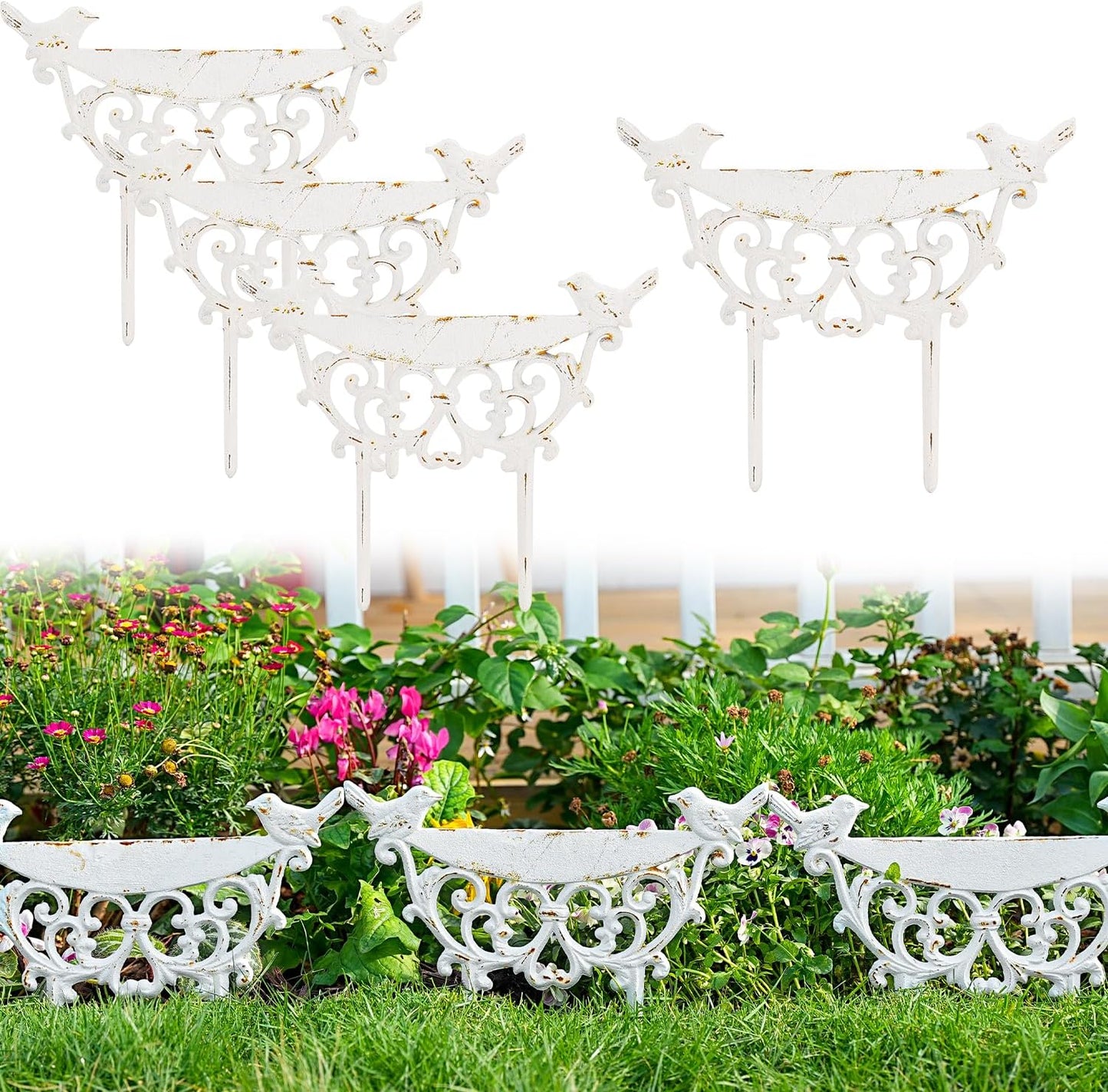 Sungmor Decorative Cast Iron Garden Edging Border, 4 Pack White Landscape Edging Low Picket Fence, 9.9inch Tall Outdoor Flower Bed Lawn Fence Panels, Vintage Metal Yard Decor Stakes