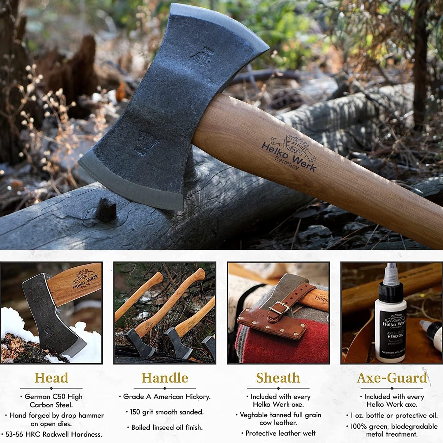 1844 Helko Werk Germany Traditional Hinterland - Made in Germany Double Bit Axe, Felling Axe for Felling Trees and Cutting Wood with Two Blades - Head 3.5 lbs, Handle 30 in. (Hinterland) #13575