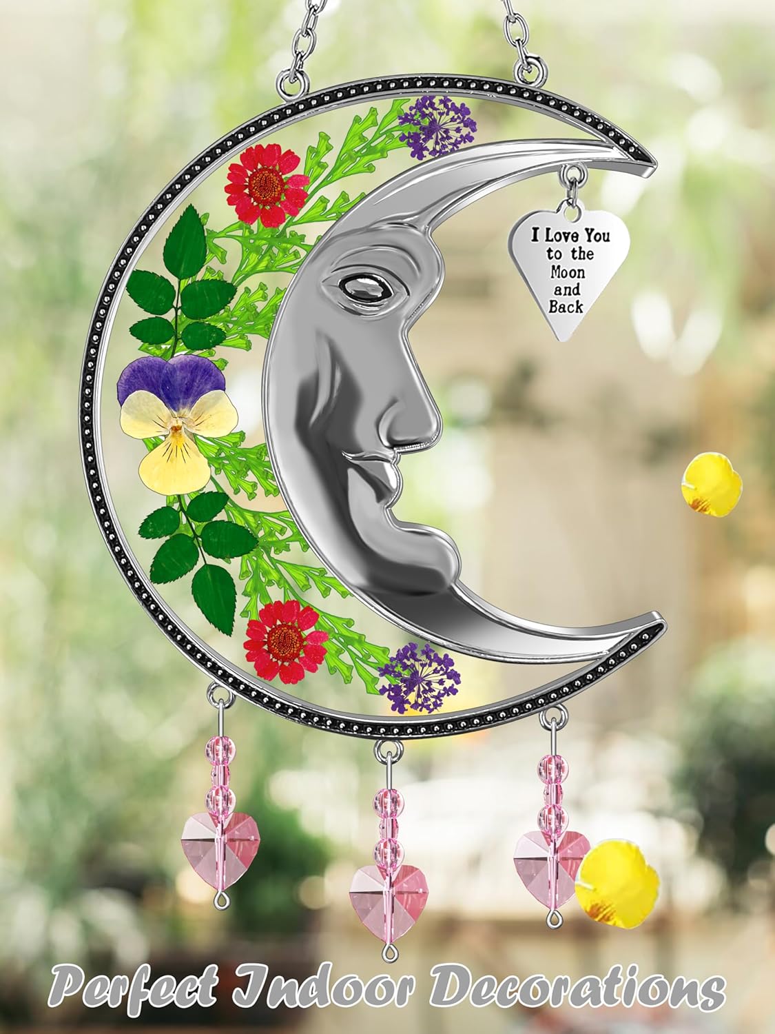 KY&BOSAM Moon Suncatcher Mom Gifts Stained Glass for Windows Hangings Wind Chime Decor with Pressed Real Flower and Metal I Love You to The Moon and Back Heart Charm for Home Christmas Trees Patio