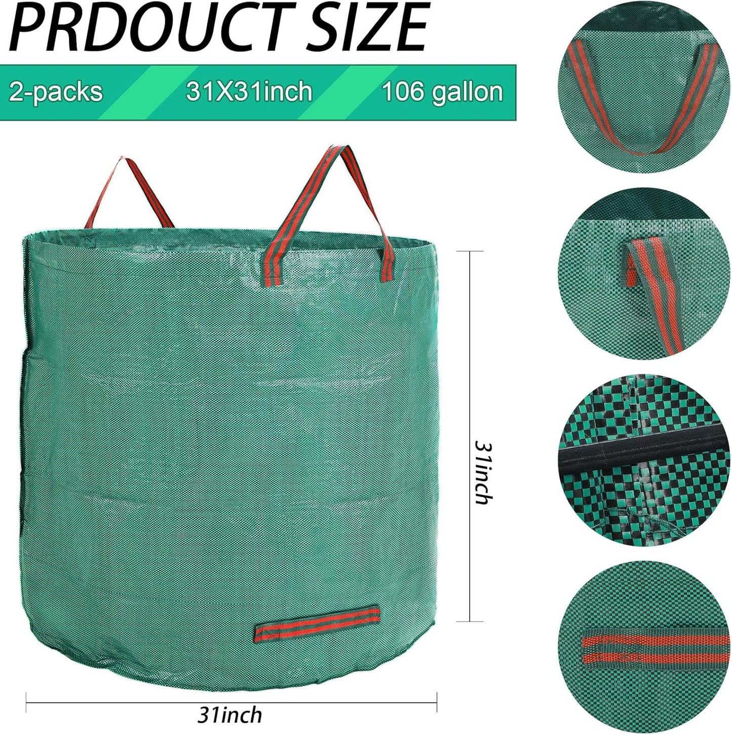 2 PCS 106 Gallon Reusable Lawn and Leaf Bags with 4 Handles, Lawn Pool Garden Heavy Duty Yard Waste Bags for Leaves, Trash, Yard Waste (Green)