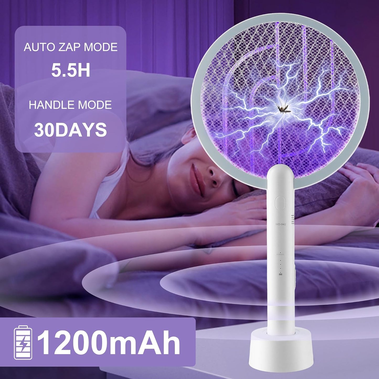 Electric Fly Swatter 3000V Bug Zapper Racket, 1200mAh Rechargeable Raqueta Electrica Mosquitos Hand Held Dual Modes Mosquito Killer with Purple Mosquito Light for Indoor Outdoor - 2Pack