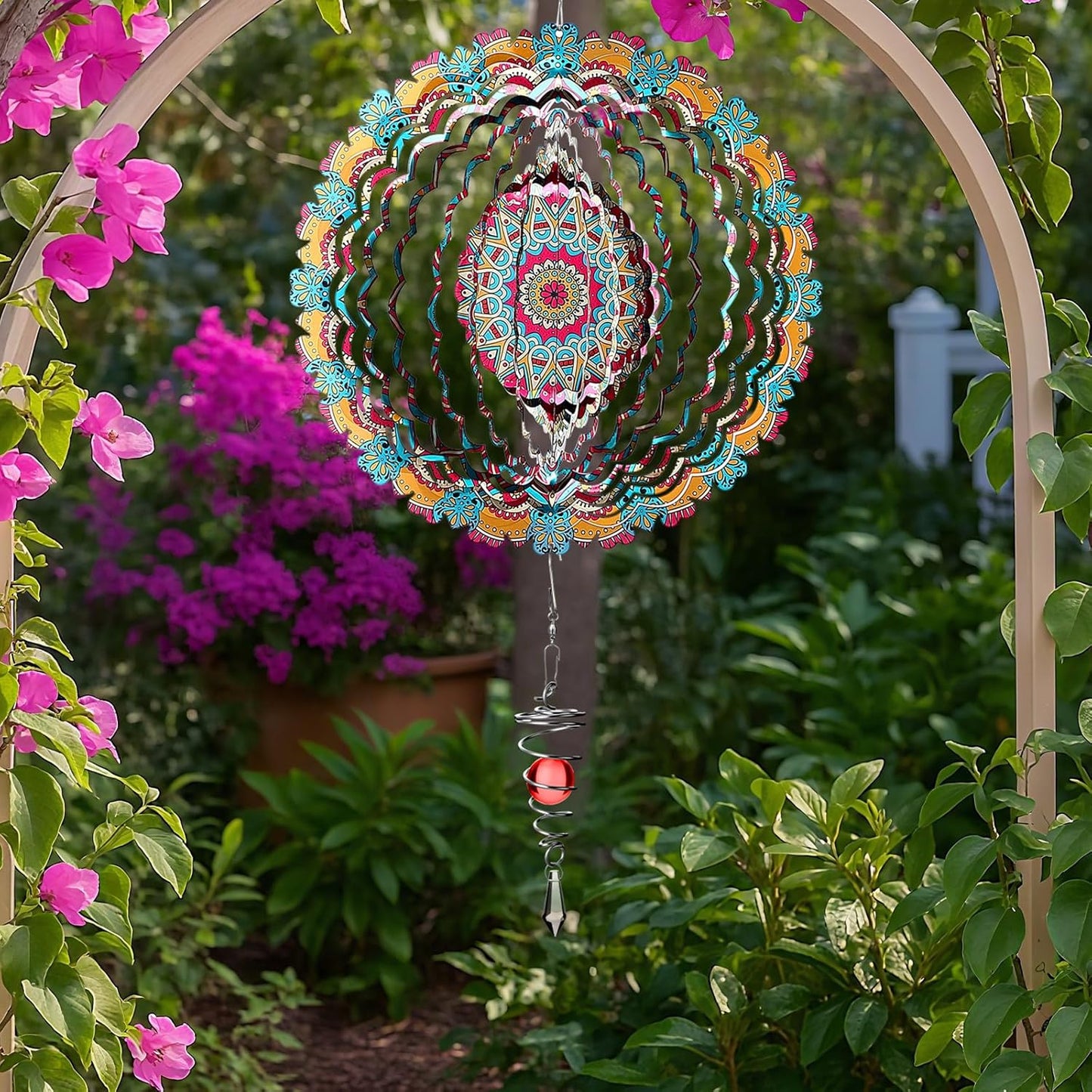 12 Inch Mandala Wind Spinners with Gazing Ball Spiral Tail, Outdoor 3D Stainless Steel Hanging Spinner Mandala Wind Catchers Sculpture for Indoor Outdoor Garden Yard Decoration (Flower)