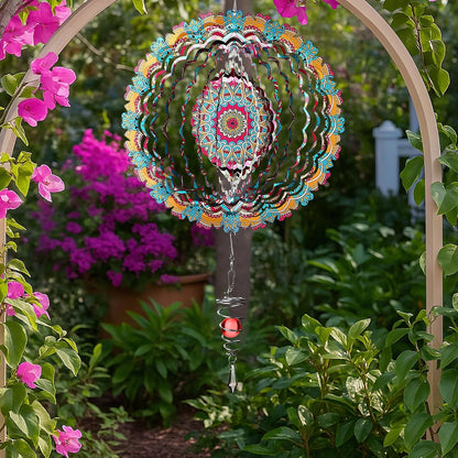 12 Inch Mandala Wind Spinners with Gazing Ball Spiral Tail, Outdoor 3D Stainless Steel Hanging Spinner Mandala Wind Catchers Sculpture for Indoor Outdoor Garden Yard Decoration (Flower)