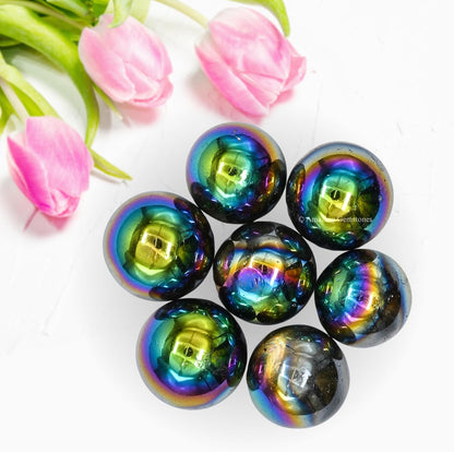 Amazing Gemstone Titanium Aura Rose Quartz Crystal Ball - 1 Inches Crystal Sphere Meditation Balls for Witchcraft and Decorative Balls - Crystals and Healing Stones Beginners Gift (Pack of 1)