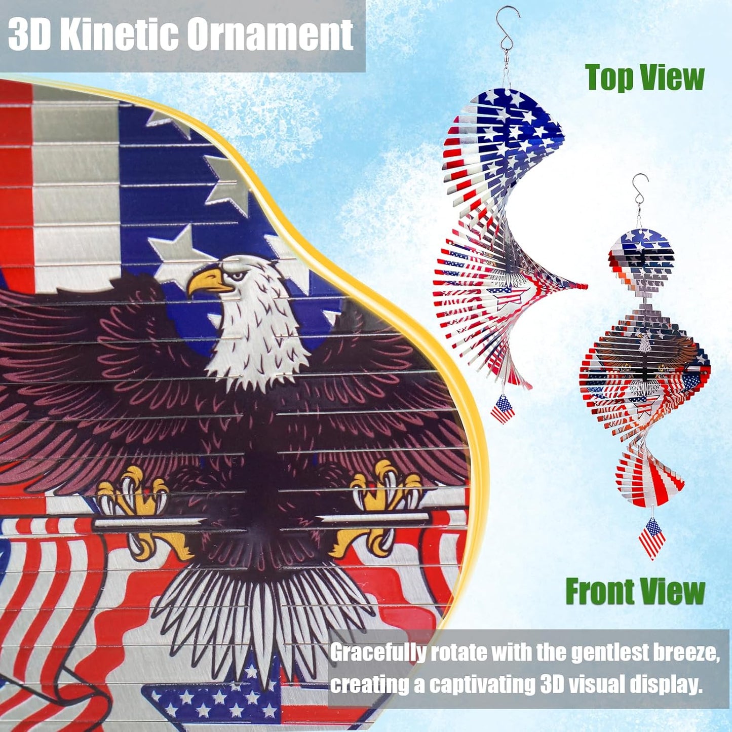 American Flag Eagle Patriotic Helix Metal Wind Spinners for Yard and Garden,12 Inch 3D Stainless Steel Hanging Kinetic Yard Art Wind Sculpture Independence Day Decor Outdoor Indoor