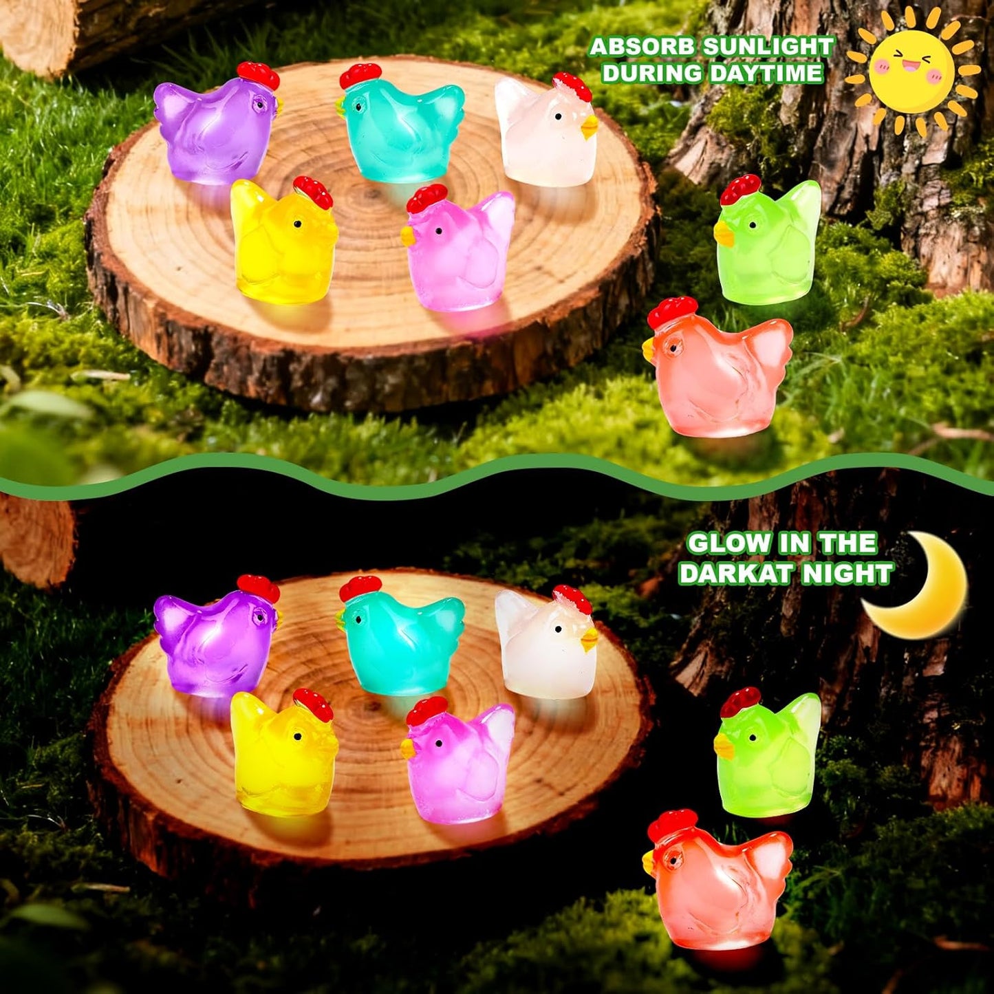 120pcs Luminous Mini Chicken Figurines 8 Colors Glow in The Dark Tiny Small Little Resin Chicken to Hide Miniature Resin Animals for Fairy Garden Party Potted DIY Dollhouse Micro Landscape Home Decor