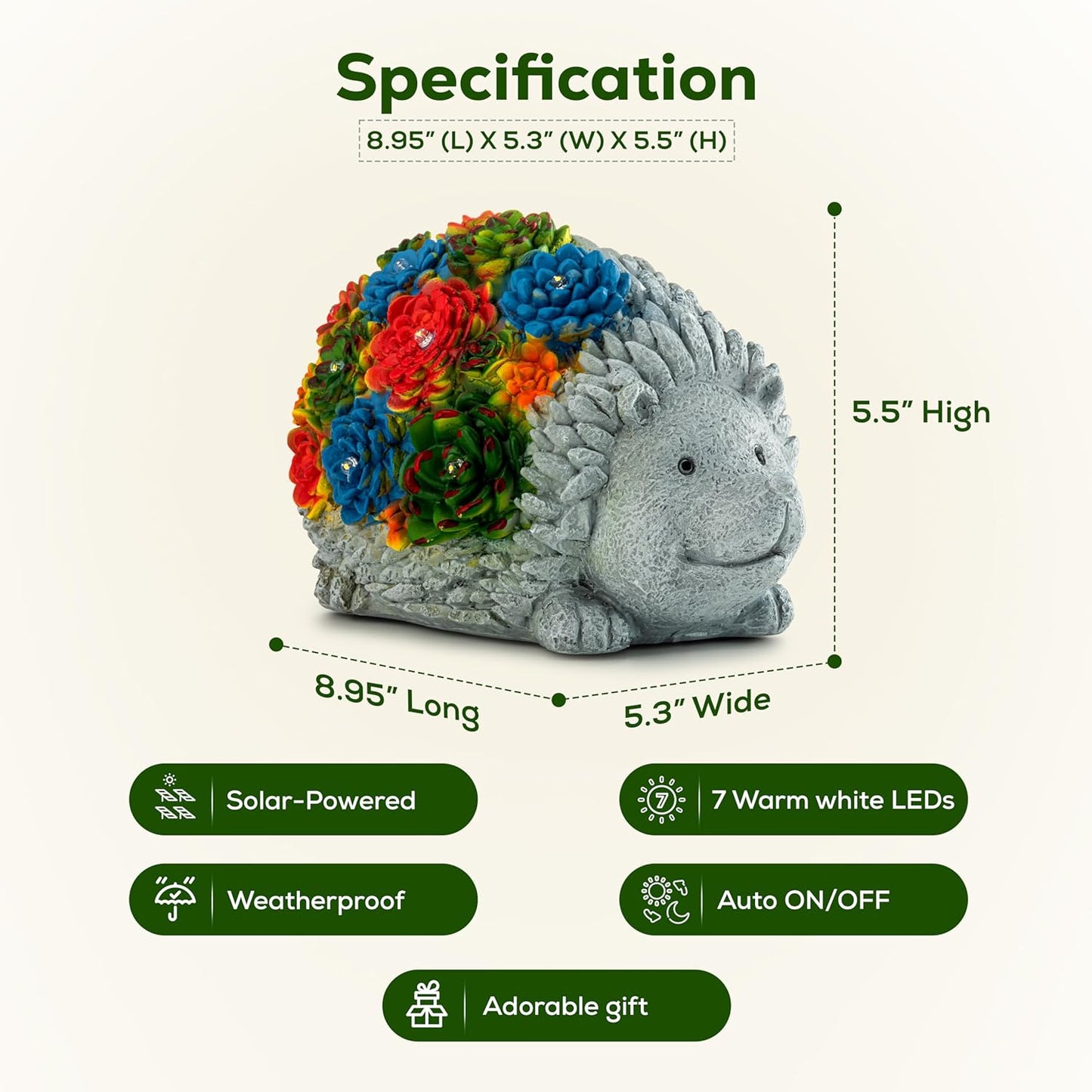 Solar Garden Statue – Cute Hedgehog with 7 Warm LED Lights, Solar-Powered & Weatherproof – Outdoor Lawn, Patio & Yard Décor – Charming Gift for Home & Garden Lovers