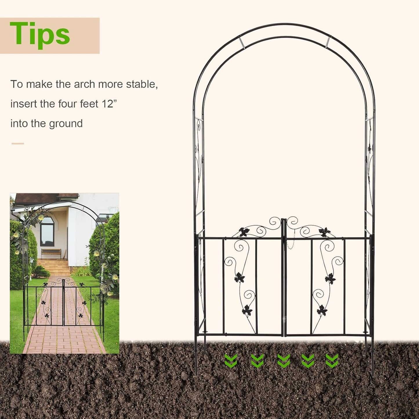 Outdoor Garden Arbors with Gate Door 7’ H x 3’7’’ W Metal Garden Arch Plants Growing for Wedding Party