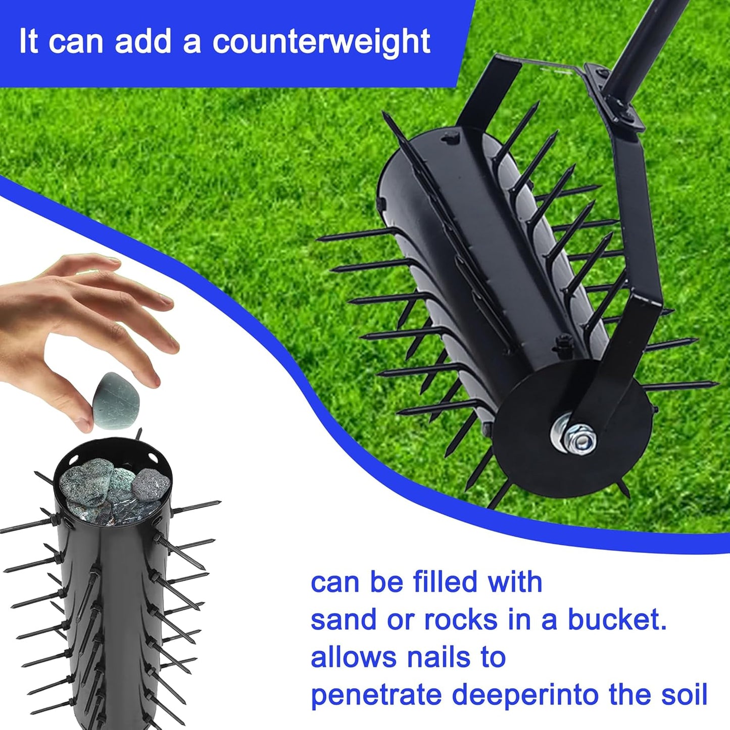 Rolling Manual Lawn Aerator, 58-Inch Handle Push Spike Aerator for Lawns, Yards, and Gardens, Easy Assembly, Reduces Soil Compaction, Enhances Water Absorption Manual Aerator Tool Black
