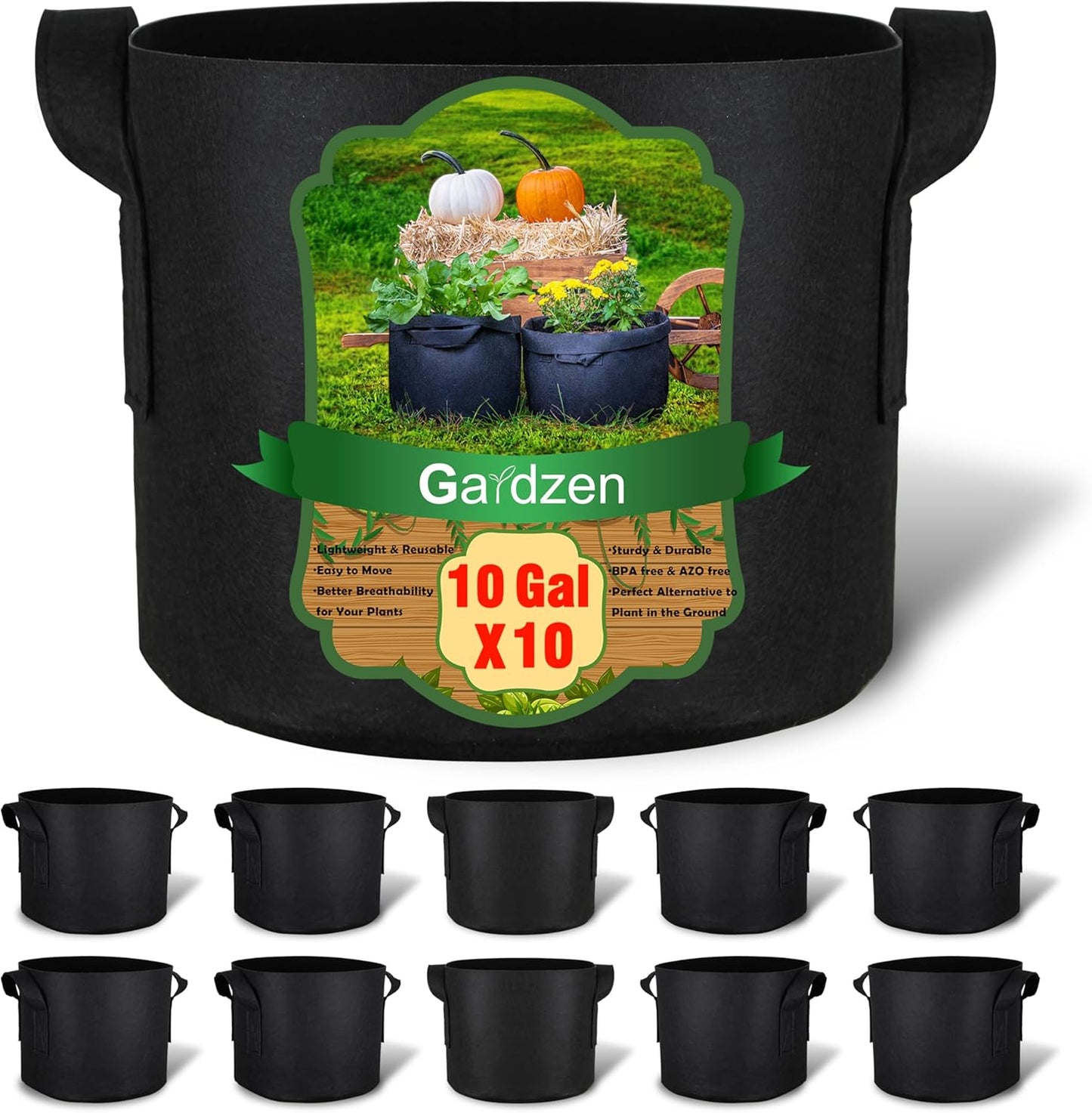 Gardzen 10-Pack 10 Gallon Grow Bags, 300G Thickened Aeration Fabric Pots with Handles, Heavy Duty Cloth Pots for Plants