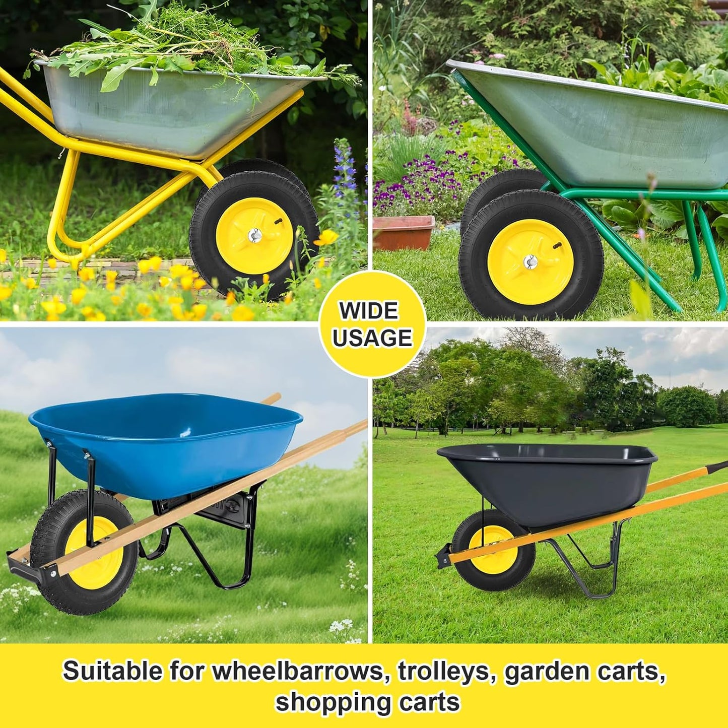 4.80/4.00-8 Tire & Wheel, Set of 2 Heavy Duty Pneumatic Rubber Wheels, 16 in Wheelbarrow Tires with 5/8" Bearings, Compatible with Hand Truck, Wagon, Dolly, Garden Cart, Dump Cart
