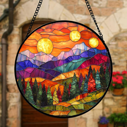 Stained Glass Window Hanging, Sunset Abstract Sun Catchers Colorful Glass Panel Landscape Suncatcher Decor for Birthday for Women, Men, Wife, Aunt, and Mom 6.3 in