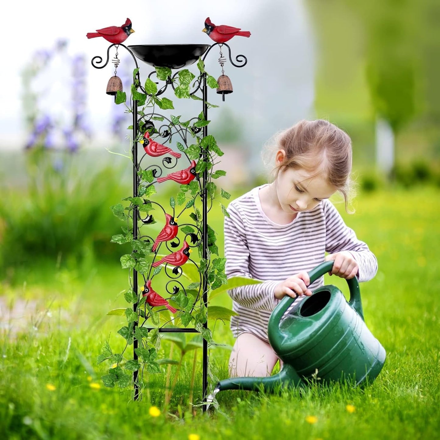 Cardinal Bird Bath Garden Trellis for Climbing Plants Outdoor Wind Chime Decor Red Birds Feeder Yard Sign Spring Lawn Decorations Housewarming Christmas Appear Memorial Gift for Bird Watcher Gardener