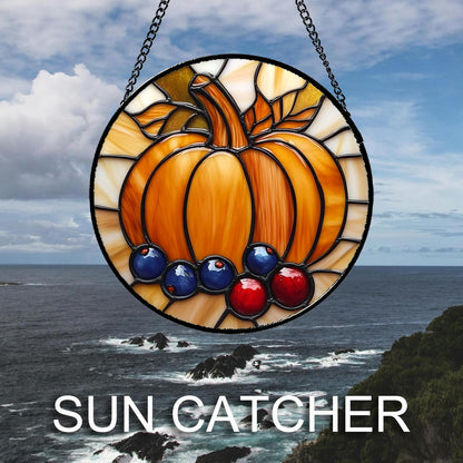 Stained Glass Window Hanging Fall Pumpkin Berries 7.8" - Suncatcher Door Garden Kitchen Sunroom Sun Catcher Autumn Home Decor Birthday for Mom Grandma Men Woman
