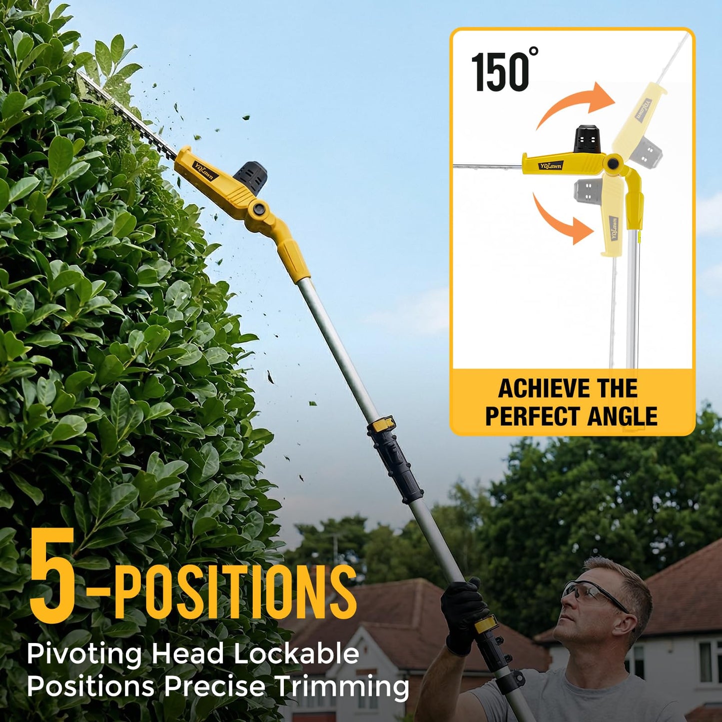 YDlawn 20V Cordless Pole Hedge Trimmer, 15 Ft Reach, 2 x 4.0Ah Batteries