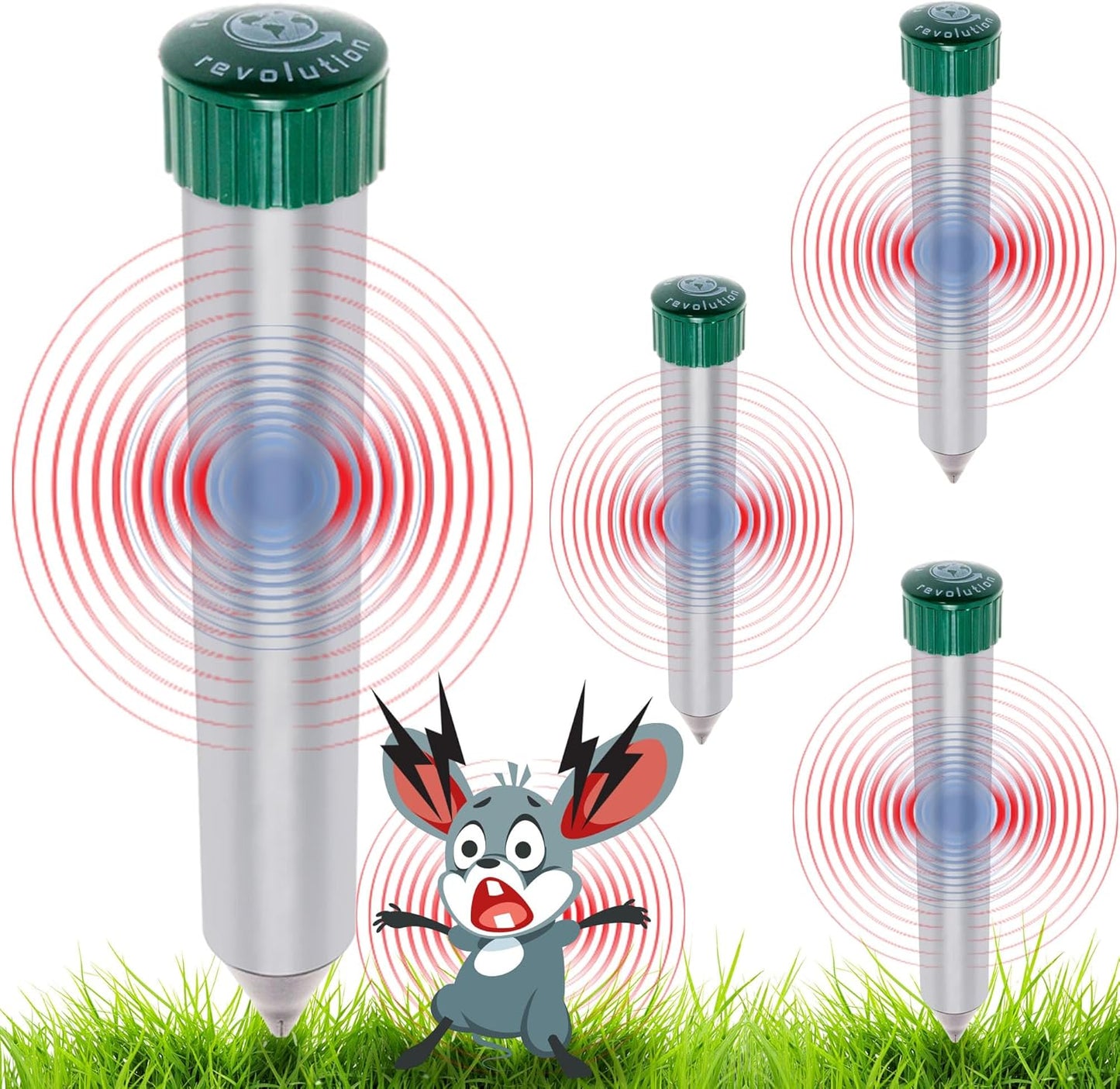 4 Pack Sonic Mole Chaser - Battery Operated Pest Repeller Stake, Scares Away Moles, Voles, Gophers and Rats by Reusable Revolution (Metal & Green)