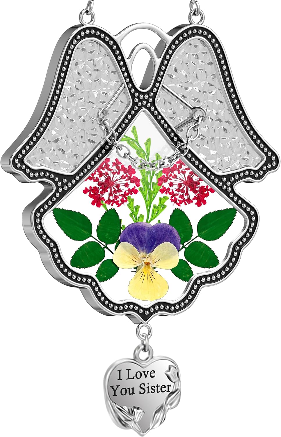 KY&BOSAM Angel Suncatcher I Love You Sister Stained Glass Panels for Windows Wind Chime with Pressed Flower Glass with Metal Heart Charm Birthday Gift for Women Sister for Mothers Day Christmas Decor