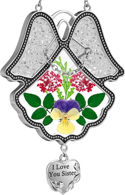 KY&BOSAM Angel Suncatcher I Love You Sister Stained Glass Panels for Windows Wind Chime with Pressed Flower Glass with Metal Heart Charm Birthday Gift for Women Sister for Mothers Day Christmas Decor