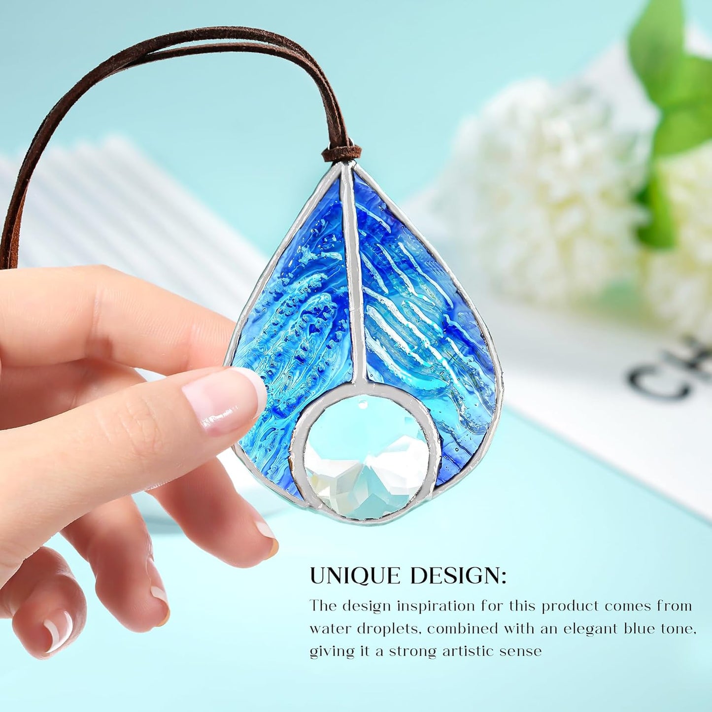 H&D HYALINE & DORA Handcrafted Stained Glass Blue Teardrop Suncatcher Panel Art Glass Sun Catcher Window Home Decor Hanging Pendant