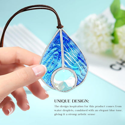 H&D HYALINE & DORA Handcrafted Stained Glass Blue Teardrop Suncatcher Panel Art Glass Sun Catcher Window Home Decor Hanging Pendant