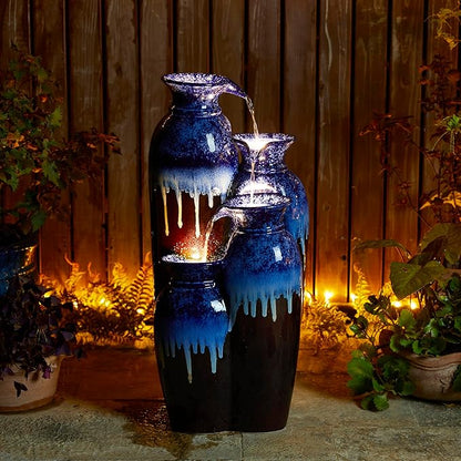 Glitzhome 30.75" H Vase Ceramic Outdoor Water Fountain with LED Lights and Pump, 4-Tier Cobalt Blue and Brown Reactive Glaze Cascading Pots Standing Fountain for Porch Deck Garden Patio Backyard