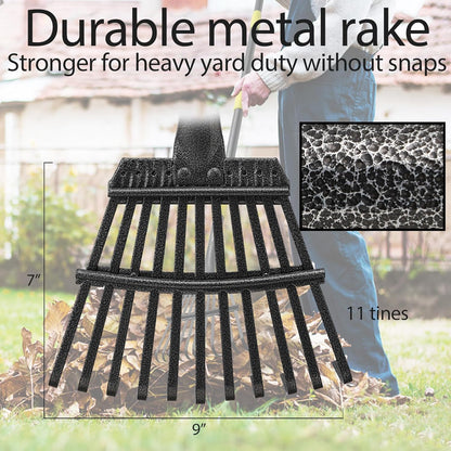Rake for Leaves, 11 Tines 9" Wide Metal Leaf Rake with 32 Gallon Lawn and Leaf Bags & Scoops for Garden Adult Kids Lawn Shrub Yard Landscape Heavy Duty Long Handle 30-60