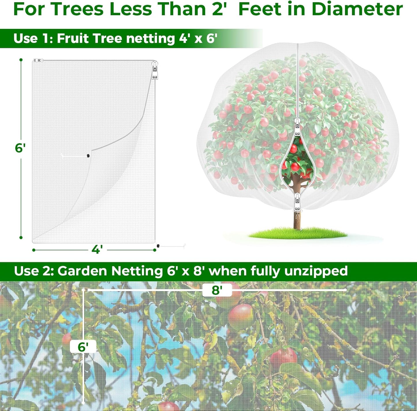 Fruit Tree Netting with 2-Way Zipper & Drawstring - 4'x6' Garden Plant Net Pest Barrier to Prevent Cicadas Bird Squirrel Deer - Bug Protection for Blueberry Tomato with Fine Mesh Insect Cover (2 Pack)