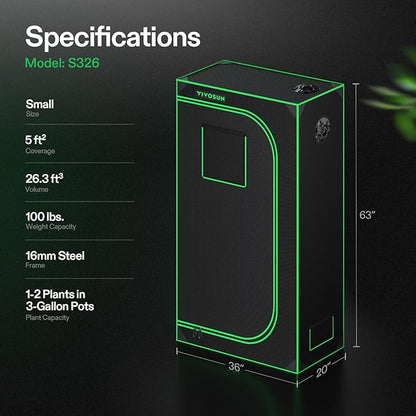 VIVOSUN S326 36"x20"x63" Grow Tent, High Reflective Mylar with Observation Window and Floor Tray for Hydroponics Indoor Plant for VS1000/VS2000