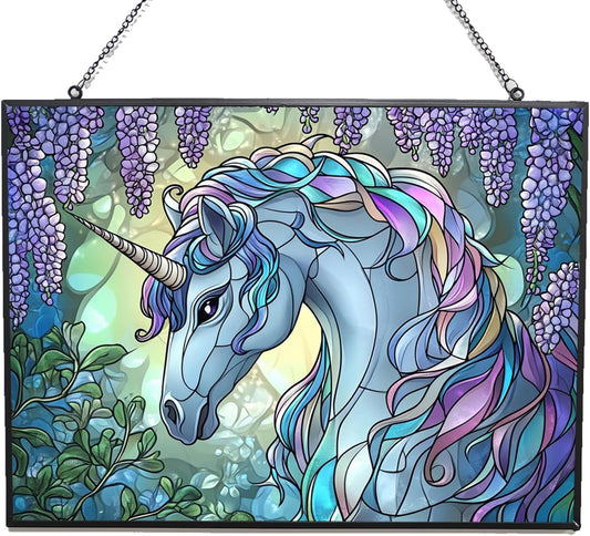 Personalized Rectangle Art Nouveau Wisteria Unicorn Stained Glass Window Hangings Stained Glass
