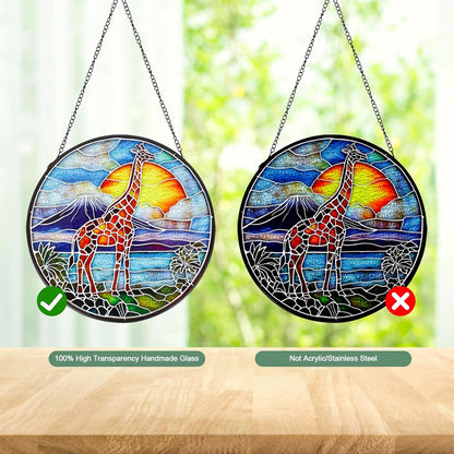 Giraffe Handmade Stained Glass Window Hanging Suncatcher with Chain - 7.9" Outdoor/Indoor Art Decor for Home Garden, Wedding, Mother's, Valentine's & Christmas Ornaments Present Gifts