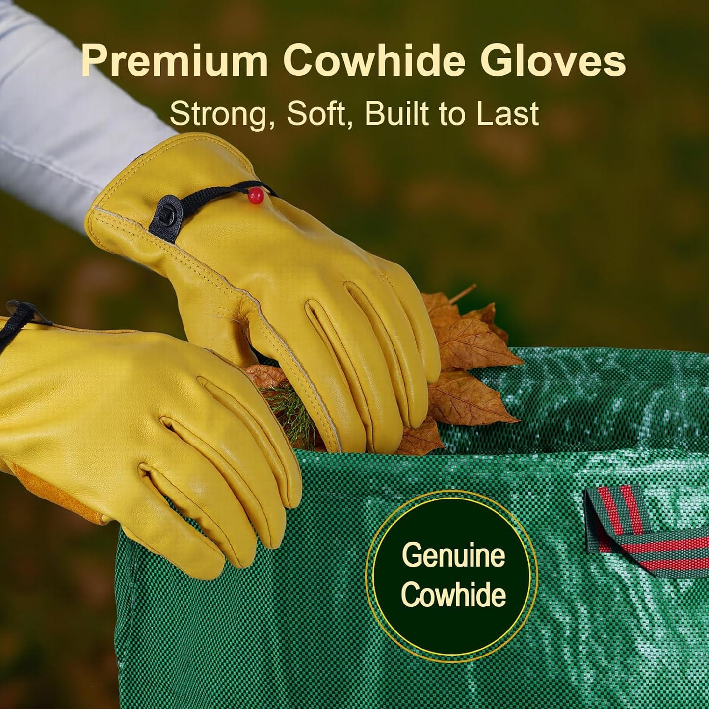 3-Pack 72 Gallon Self-Standing Yard Waste Bags with Cowhide Gloves — Heavy-Duty 150 GSM Woven PE, Double-Layer Reinforced Bottom, Four Handles, Reusable Leaf Bags for Lawn & Garden