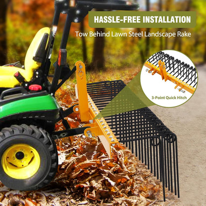 GAOMON 60 Inch Pine Straw Rake, 26 Coil Spring Tines Durable Powder Coated Steel Tow Behind Landscape Rake with 3 Point Hitch Receiver Attachment Fit to Cat0 Cat 1 Tractors for Leaves Grass, Yellow