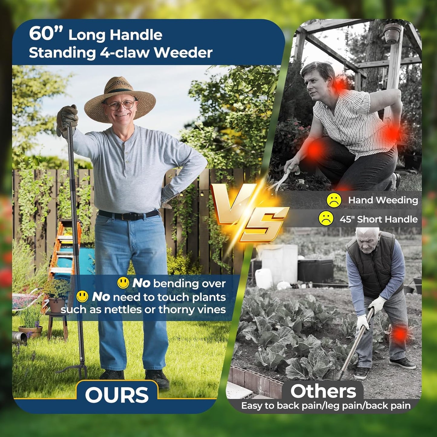 Weed Puller Tool, 60" Stand Up Manual Weeder - Unbreakable Aluminum Claw + Heavy-Duty Stainless Steel Rod, No-Bend Lawn Grass Grabber for Garden, Yard, Root Removal