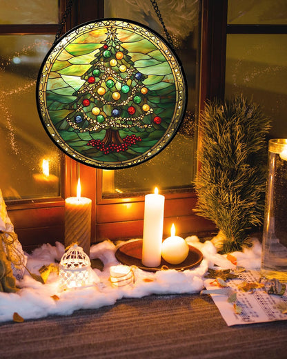 Stained Glass Window Hanging - Green Christmas Tree Gold Ribbon Suncatcher for Doors Home Christmas Decoration Sun Catcher Thanksgiving New Year Birthday Gifts for Women Men Mom Nana 6.3 in