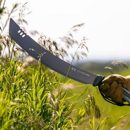 Woodland Tools Heavy Duty Machete – 16 Inch Curved Parang Blade with Full Tang, Ergonomic Handle, and Ballistic Nylon Sheath – Manual Brush Cutter for Thick Vegetation and Trail Clearing