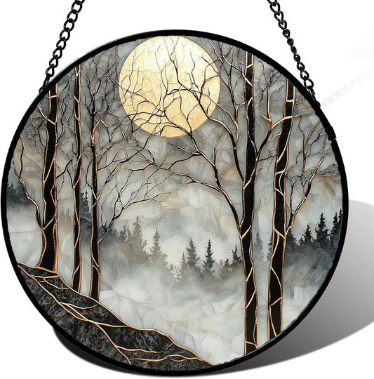 Stained Glass Window Hanging - Black and White Gold Moon Forest Sun Catcher for Door Home Decor