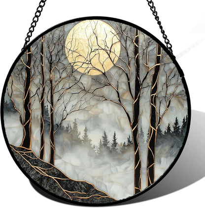 Stained Glass Window Hanging - Black and White Gold Moon Forest Sun Catcher for Door Home Decor Suncatcher Christmas Mother's Day Birthday Gifts for Women Men Lovers Mom Nana 7.8 in