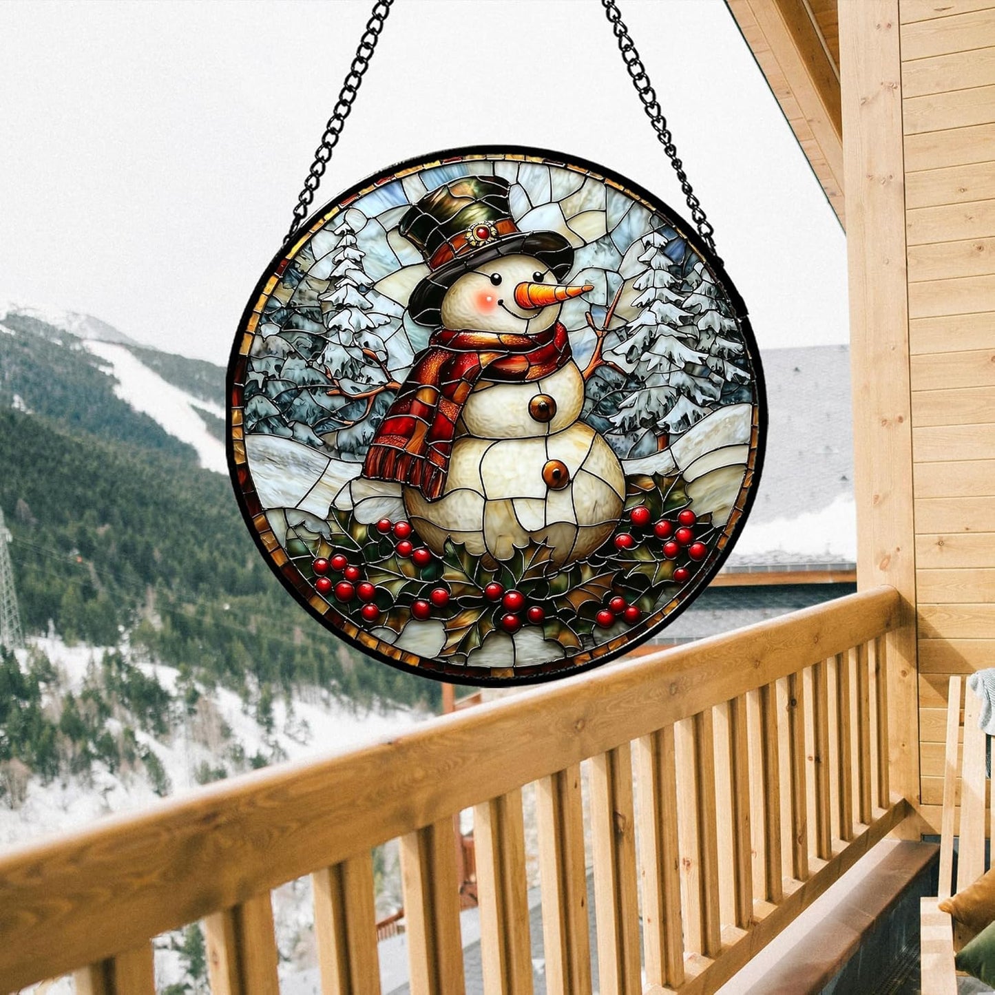 Stained Glass Window Hanging - Christmas Snowman Suncatcher for Door Terrace Garden Home Decor Winter Forest Snow Sun Catcher Birthday Gifts for Lovers Women Men Dad Mom Nana 9.8 in